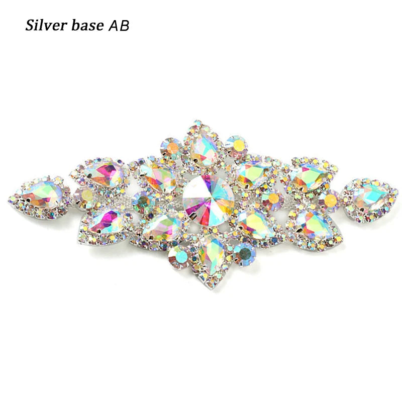 QIAO Sewing On Rhinestone Applique 1 pcs Silver Base Clear Crystal Rhinestones DIY Wedding Evening Dress