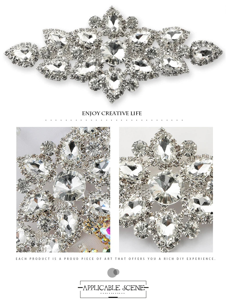 QIAO Sewing On Rhinestone Applique 1 pcs Silver Base Clear Crystal Rhinestones DIY Wedding Evening Dress