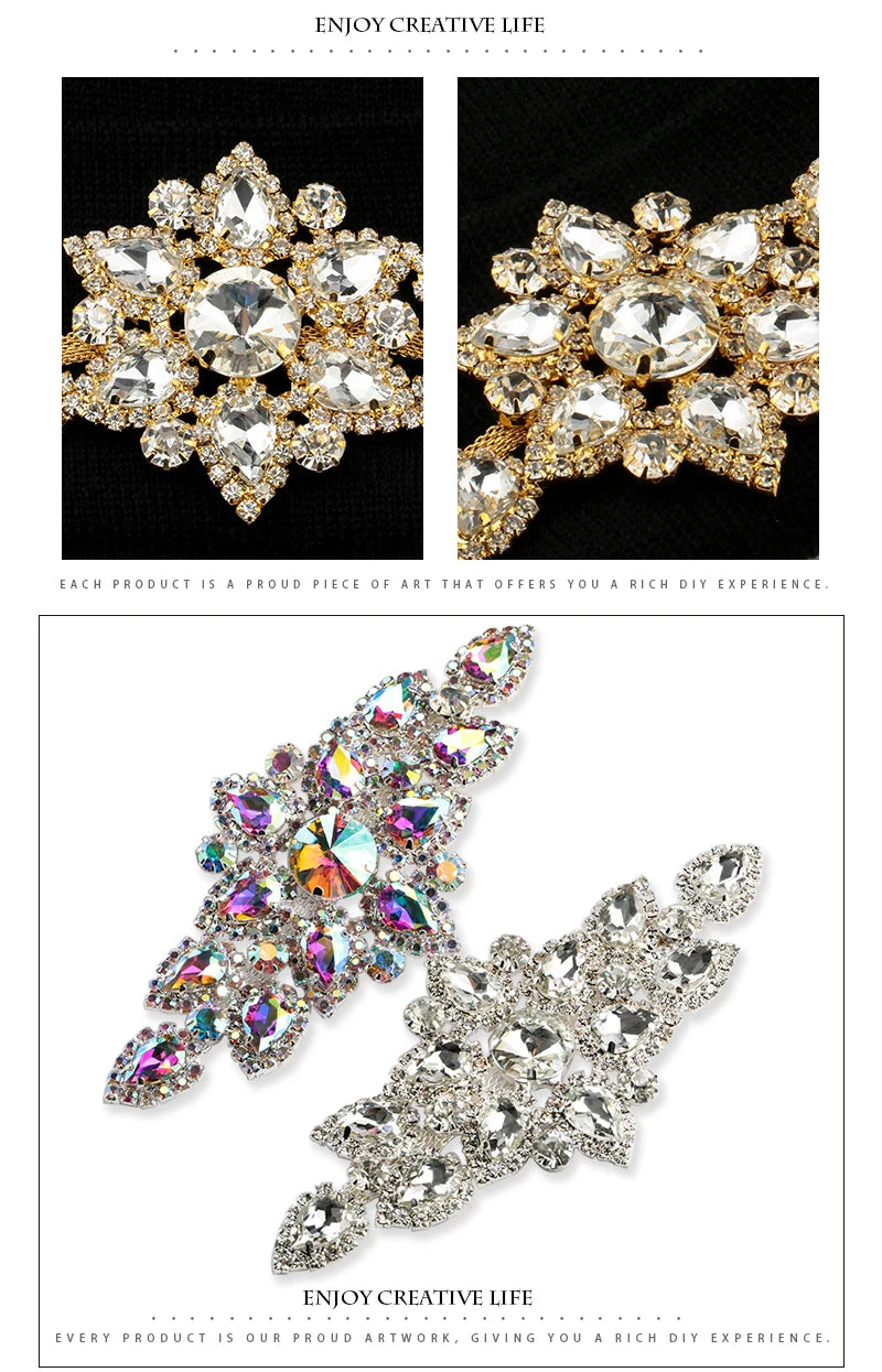 QIAO Sewing On Rhinestone Applique 1 pcs Silver Base Clear Crystal Rhinestones DIY Wedding Evening Dress