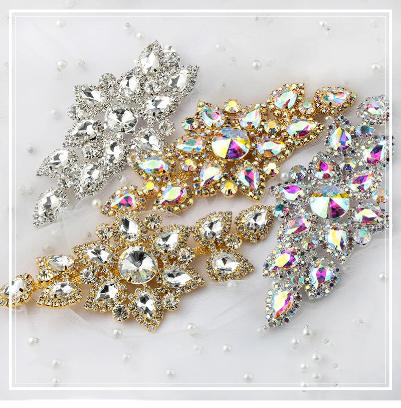 QIAO Sewing On Rhinestone Applique 1 pcs Silver Base Clear Crystal Rhinestones DIY Wedding Evening Dress