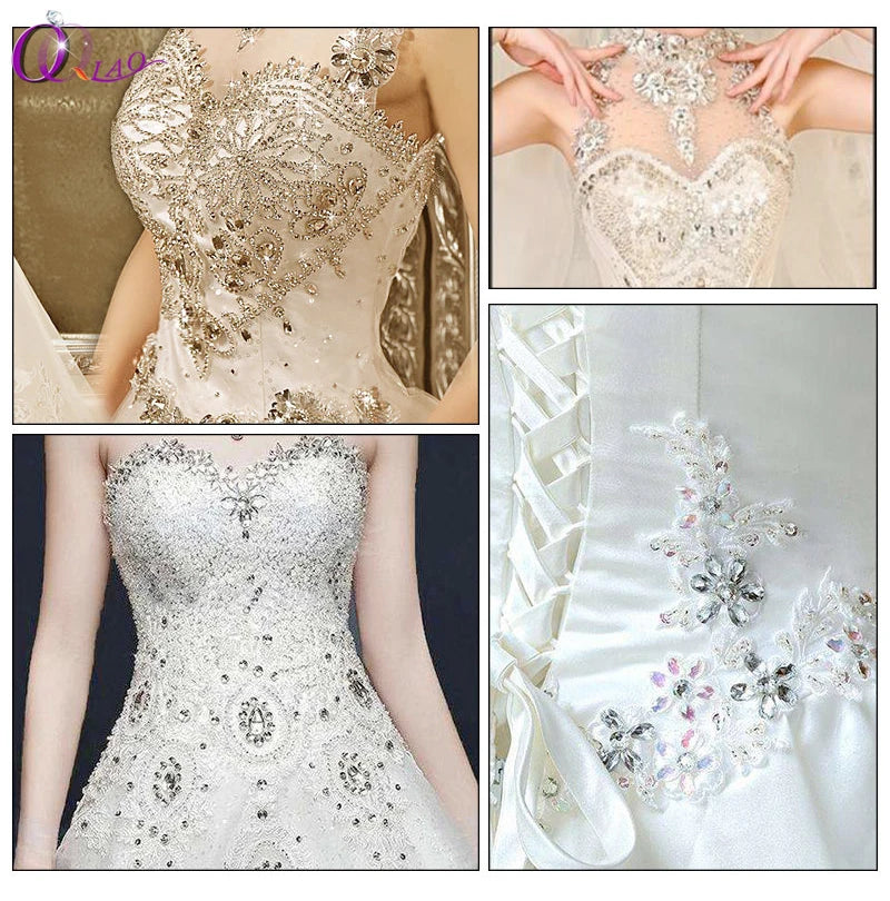 QIAO Sewing On Rhinestone Applique 1 pcs Silver Base Clear Crystal Rhinestones DIY Wedding Evening Dress