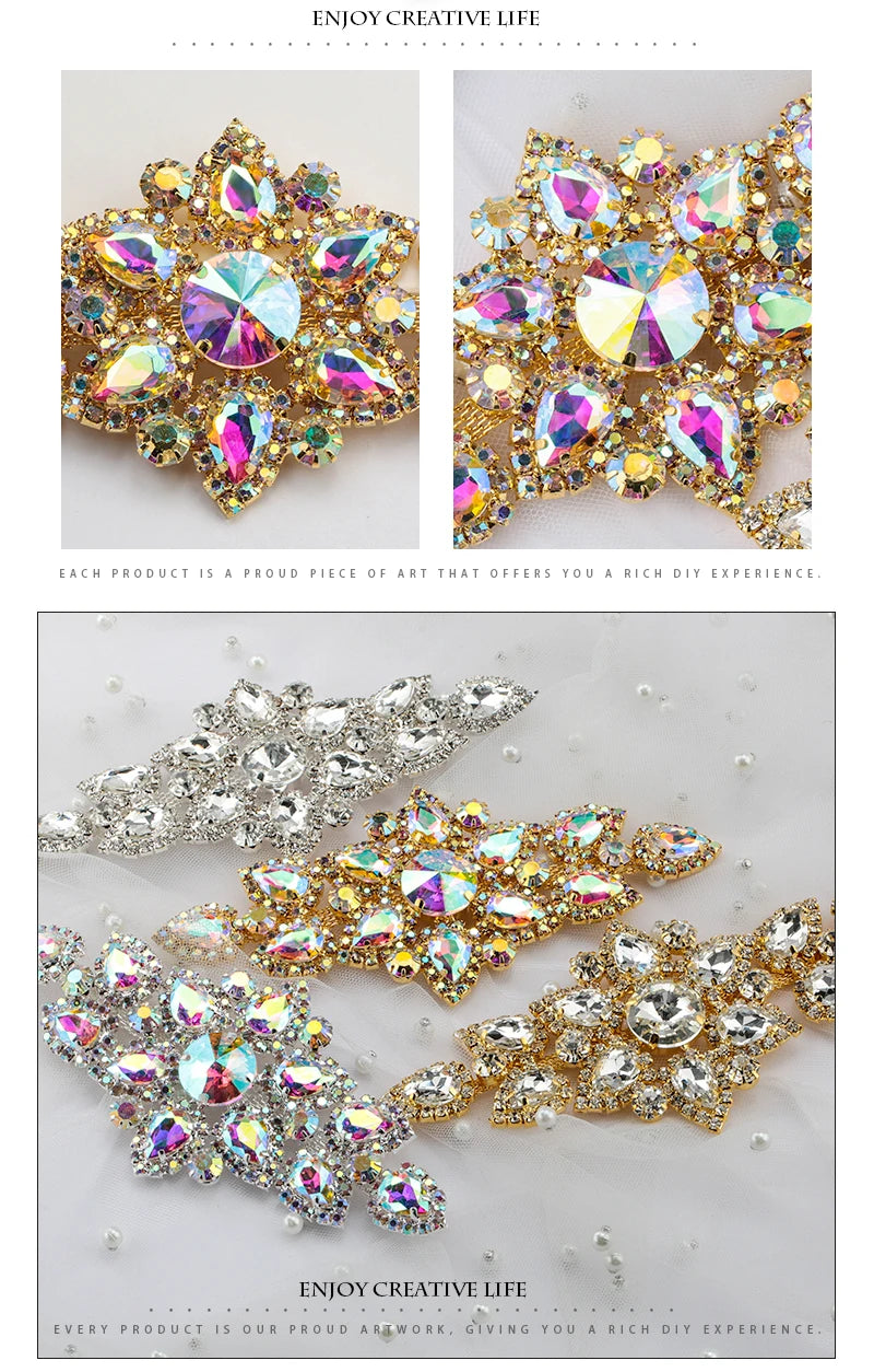 QIAO Sewing On Rhinestone Applique 1 pcs Silver Base Clear Crystal Rhinestones DIY Wedding Evening Dress