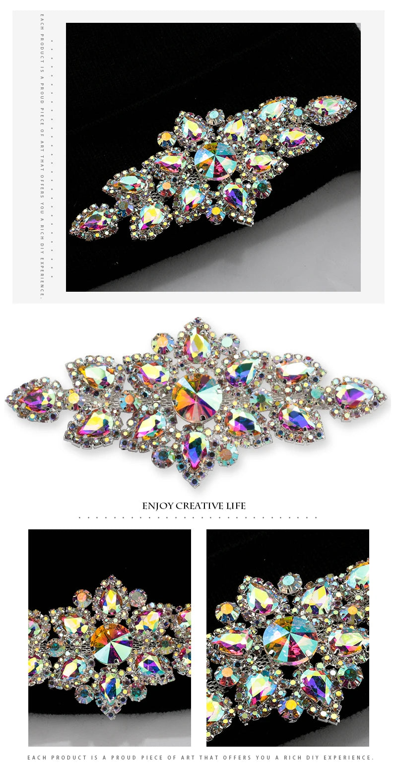 QIAO Sewing On Rhinestone Applique 1 pcs Silver Base Clear Crystal Rhinestones DIY Wedding Evening Dress