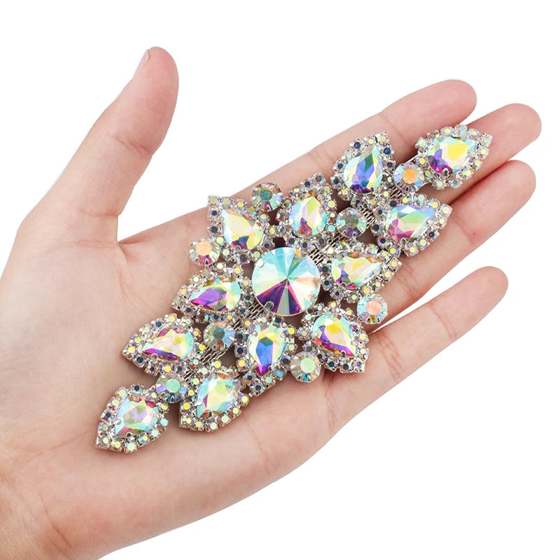 QIAO Sewing On Rhinestone Applique 1 pcs Silver Base Clear Crystal Rhinestones DIY Wedding Evening Dress