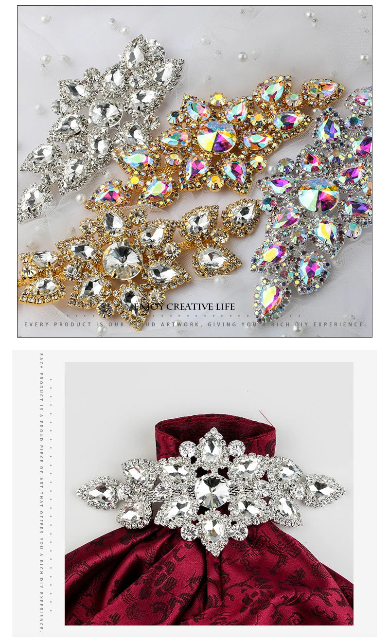 QIAO Sewing On Rhinestone Applique 1 pcs Silver Base Clear Crystal Rhinestones DIY Wedding Evening Dress