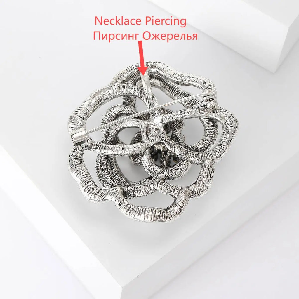 Rhinestone Hollow Camellia Brooches for Women Unisex Pearl Plant Flower Pins Office Party Friend Funny Gifts Jewelry Accessories