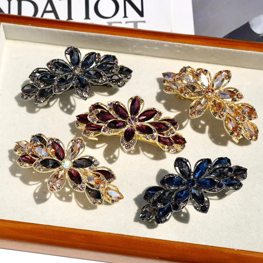 Korean version of flower crystal spring hair clips for women's fashion retro elegant ponytail horizontal chuck headdress jewelry