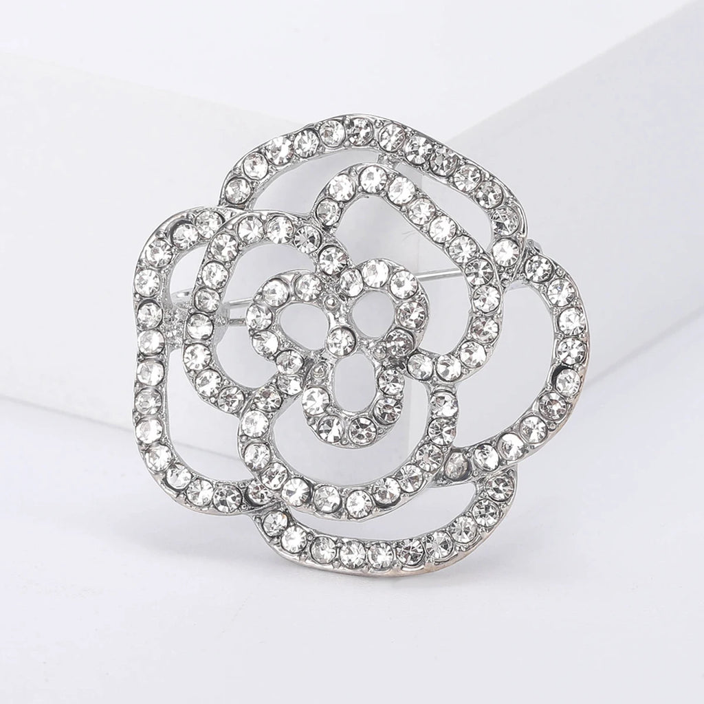 Rhinestone Hollow Camellia Brooches for Women Unisex Pearl Plant Flower Pins Office Party Friend Funny Gifts Jewelry Accessories