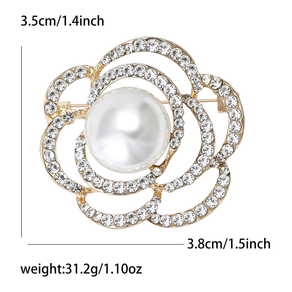 Rhinestone Hollow Camellia Brooches for Women Unisex Pearl Plant Flower Pins Office Party Friend Funny Gifts Jewelry Accessories