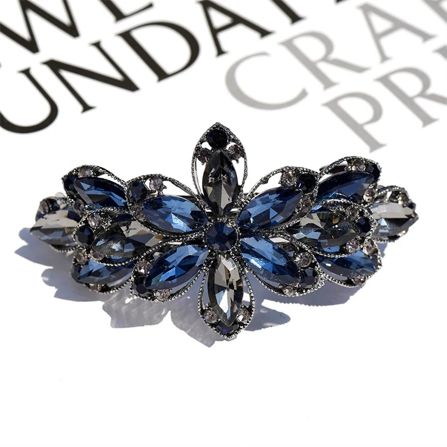 Korean version of flower crystal spring hair clips for women's fashion retro elegant ponytail horizontal chuck headdress jewelry