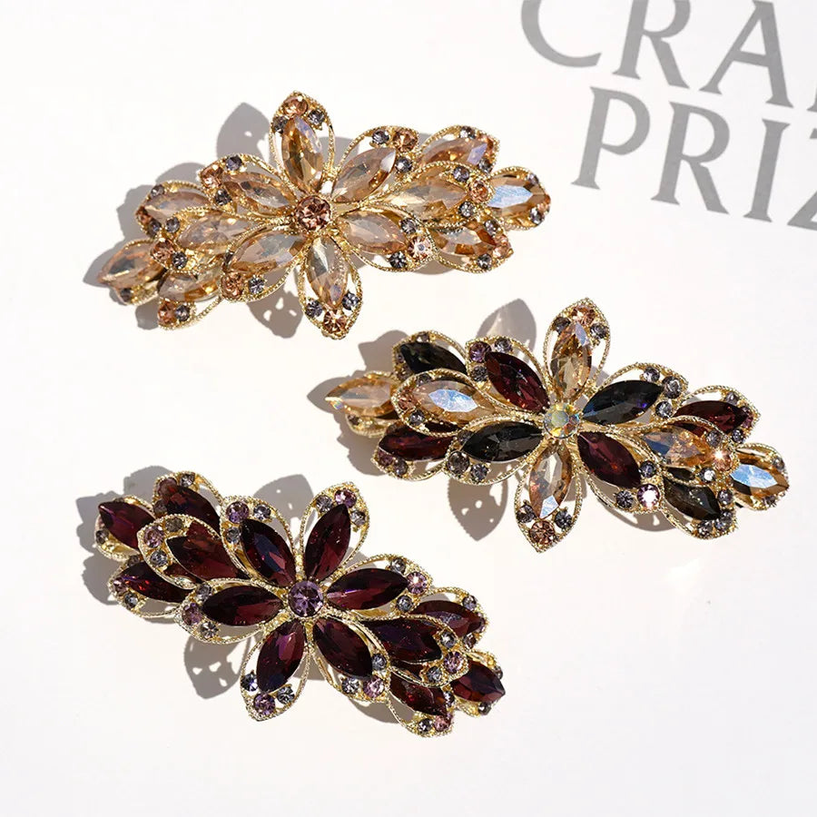 Korean version of flower crystal spring hair clips for women's fashion retro elegant ponytail horizontal chuck headdress jewelry
