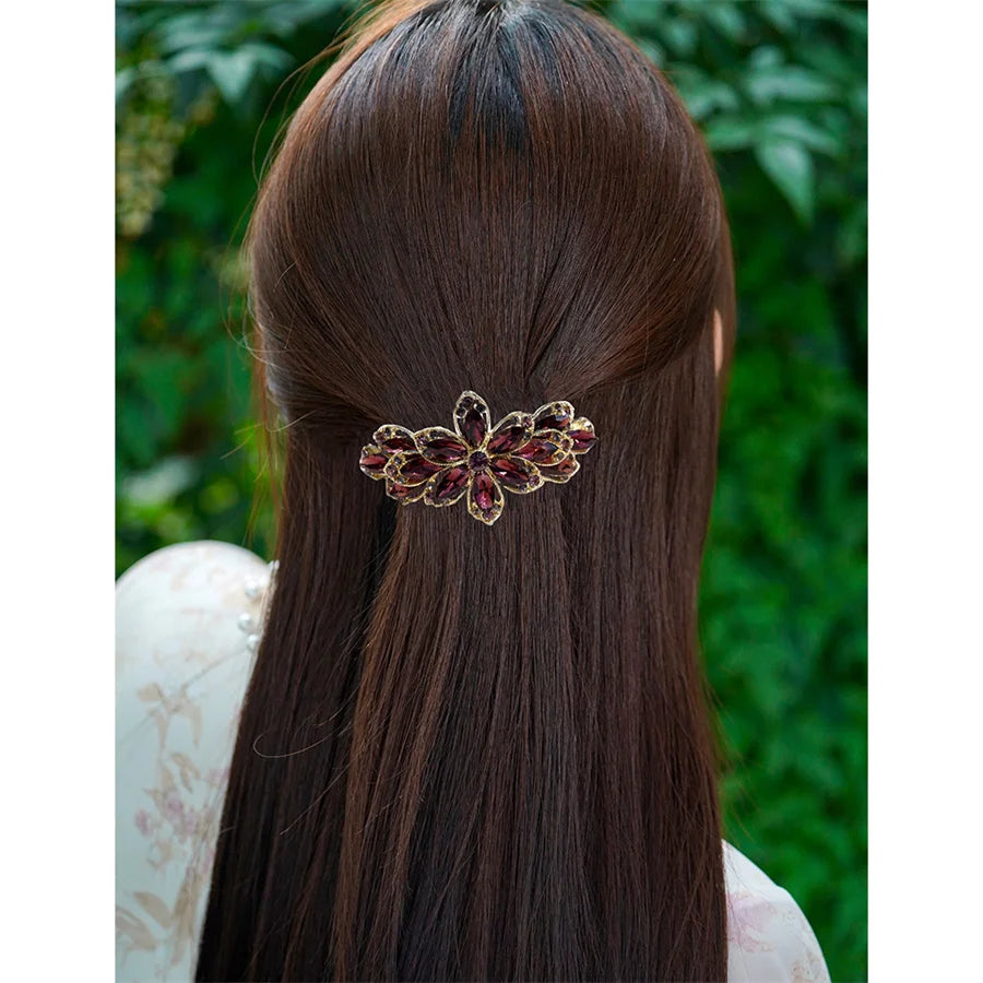 Korean version of flower crystal spring hair clips for women's fashion retro elegant ponytail horizontal chuck headdress jewelry