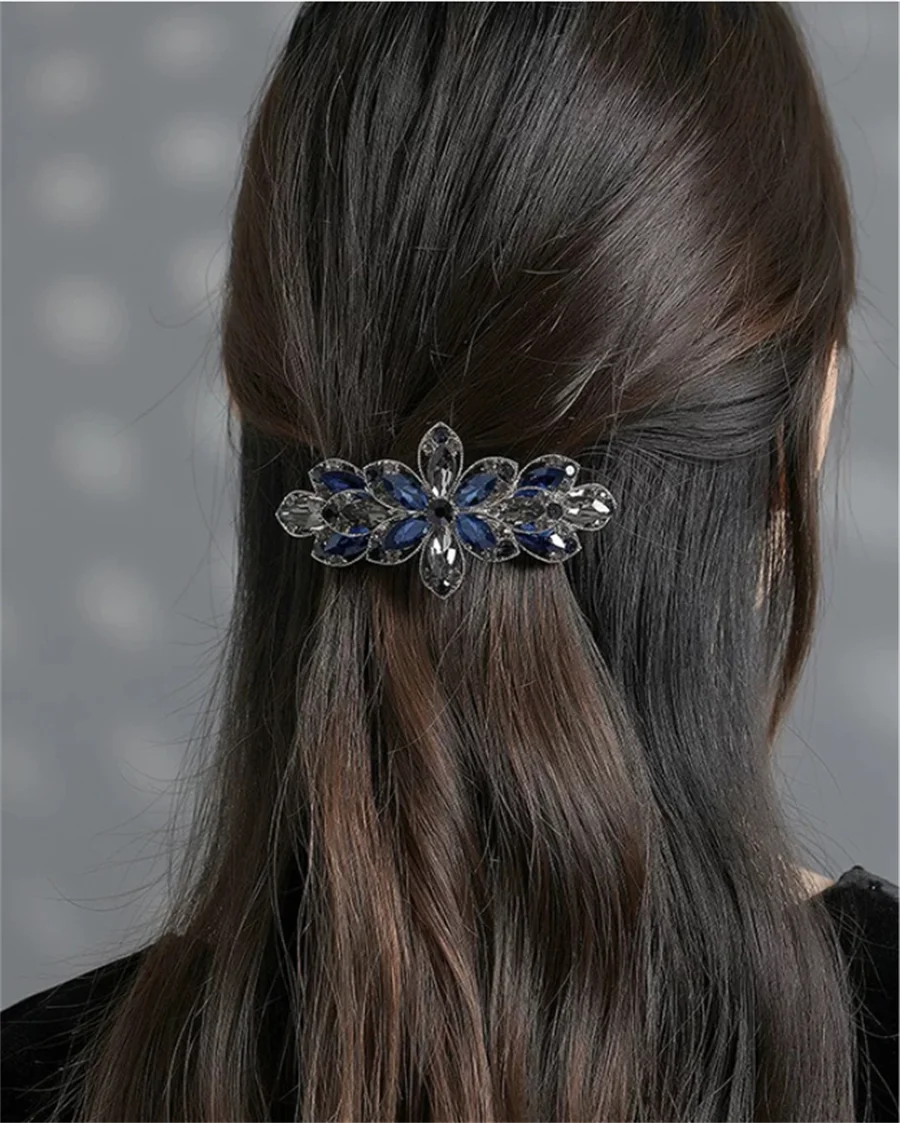 Korean version of flower crystal spring hair clips for women's fashion retro elegant ponytail horizontal chuck headdress jewelry