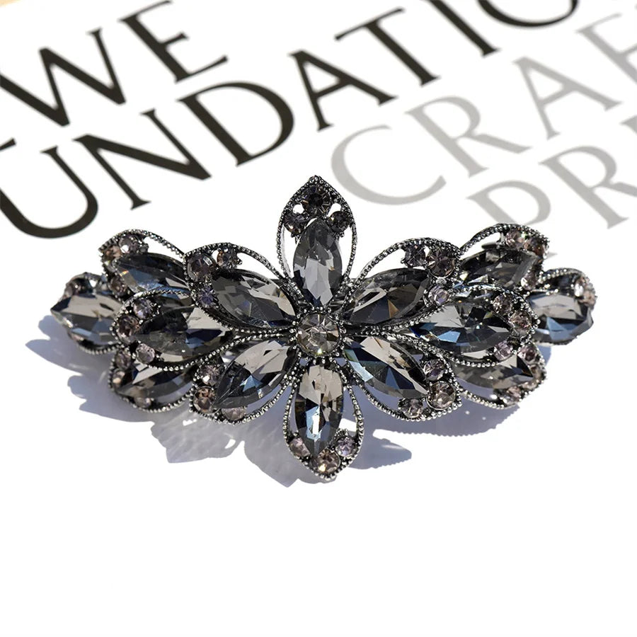 Korean version of flower crystal spring hair clips for women's fashion retro elegant ponytail horizontal chuck headdress jewelry