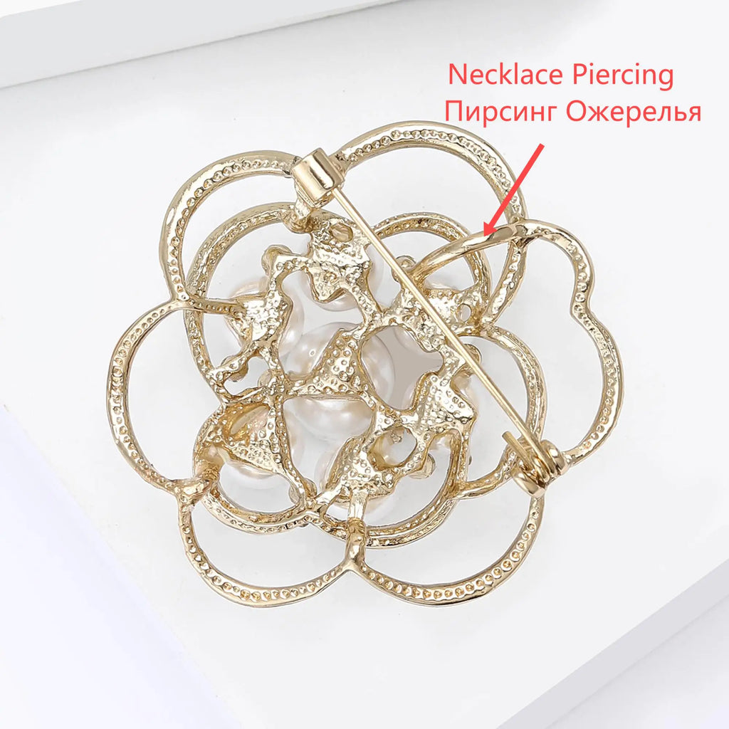 Rhinestone Hollow Camellia Brooches for Women Unisex Pearl Plant Flower Pins Office Party Friend Funny Gifts Jewelry Accessories