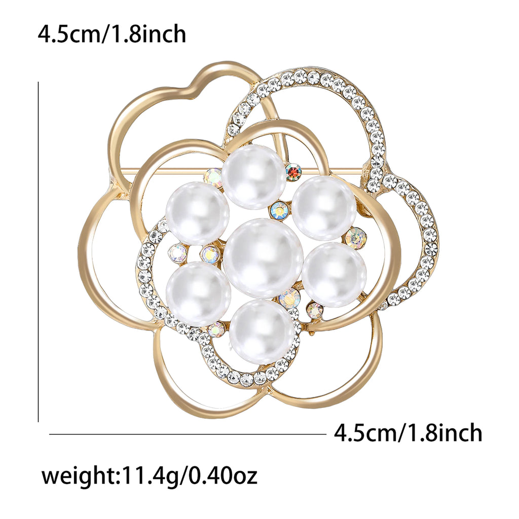 Rhinestone Hollow Camellia Brooches for Women Unisex Pearl Plant Flower Pins Office Party Friend Funny Gifts Jewelry Accessories