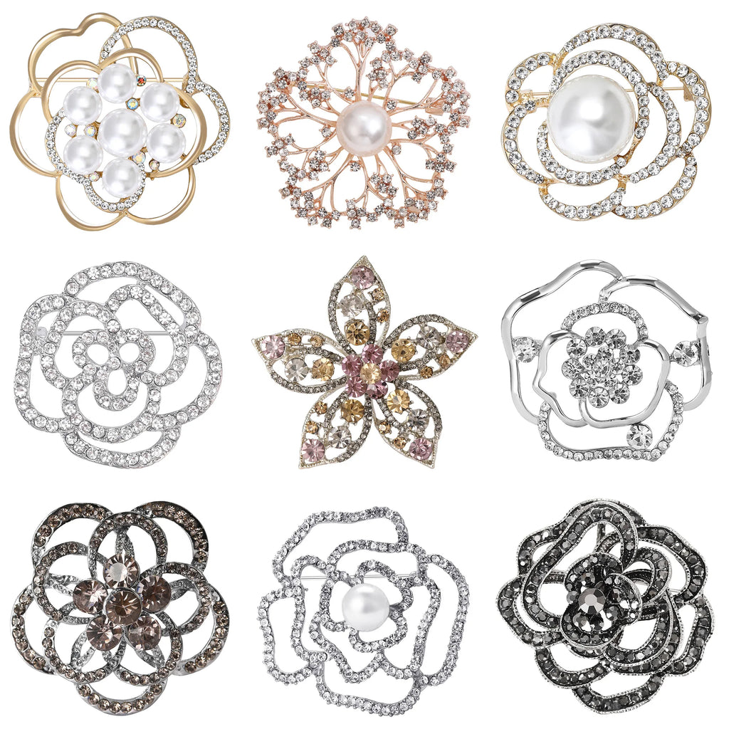 Rhinestone Hollow Camellia Brooches for Women Unisex Pearl Plant Flower Pins Office Party Friend Funny Gifts Jewelry Accessories