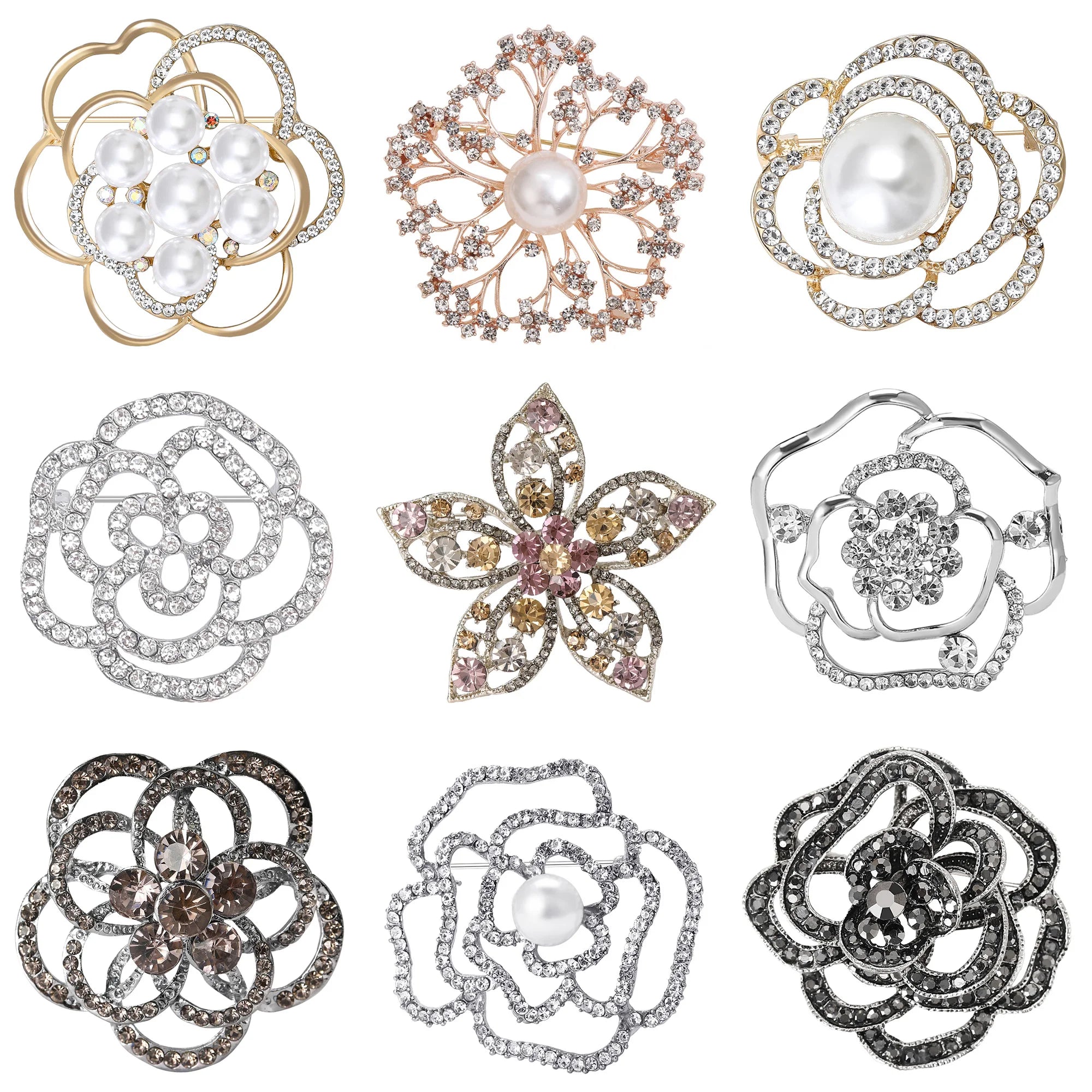 Rhinestone Hollow Camellia Brooches for Women Unisex Pearl Plant Flower Pins Office Party Friend Funny Gifts Jewelry Accessories