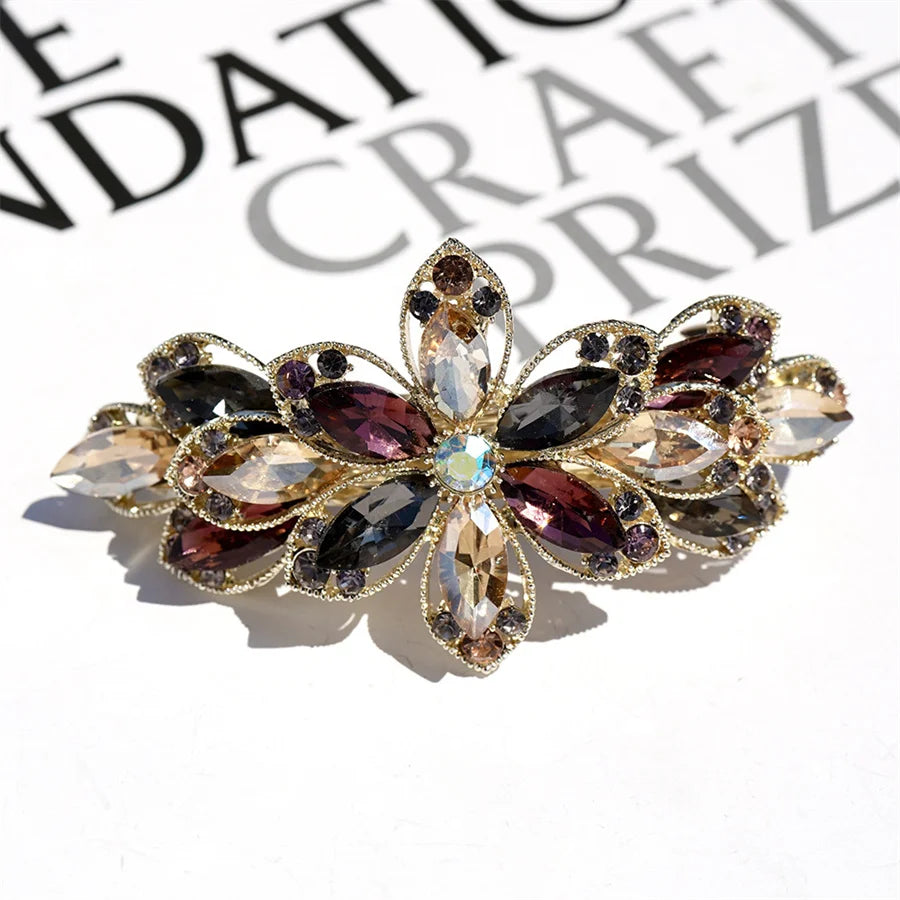 Korean version of flower crystal spring hair clips for women's fashion retro elegant ponytail horizontal chuck headdress jewelry