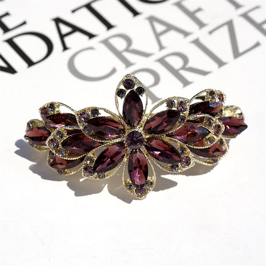 Korean version of flower crystal spring hair clips for women's fashion retro elegant ponytail horizontal chuck headdress jewelry