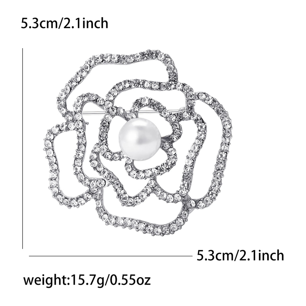 Rhinestone Hollow Camellia Brooches for Women Unisex Pearl Plant Flower Pins Office Party Friend Funny Gifts Jewelry Accessories